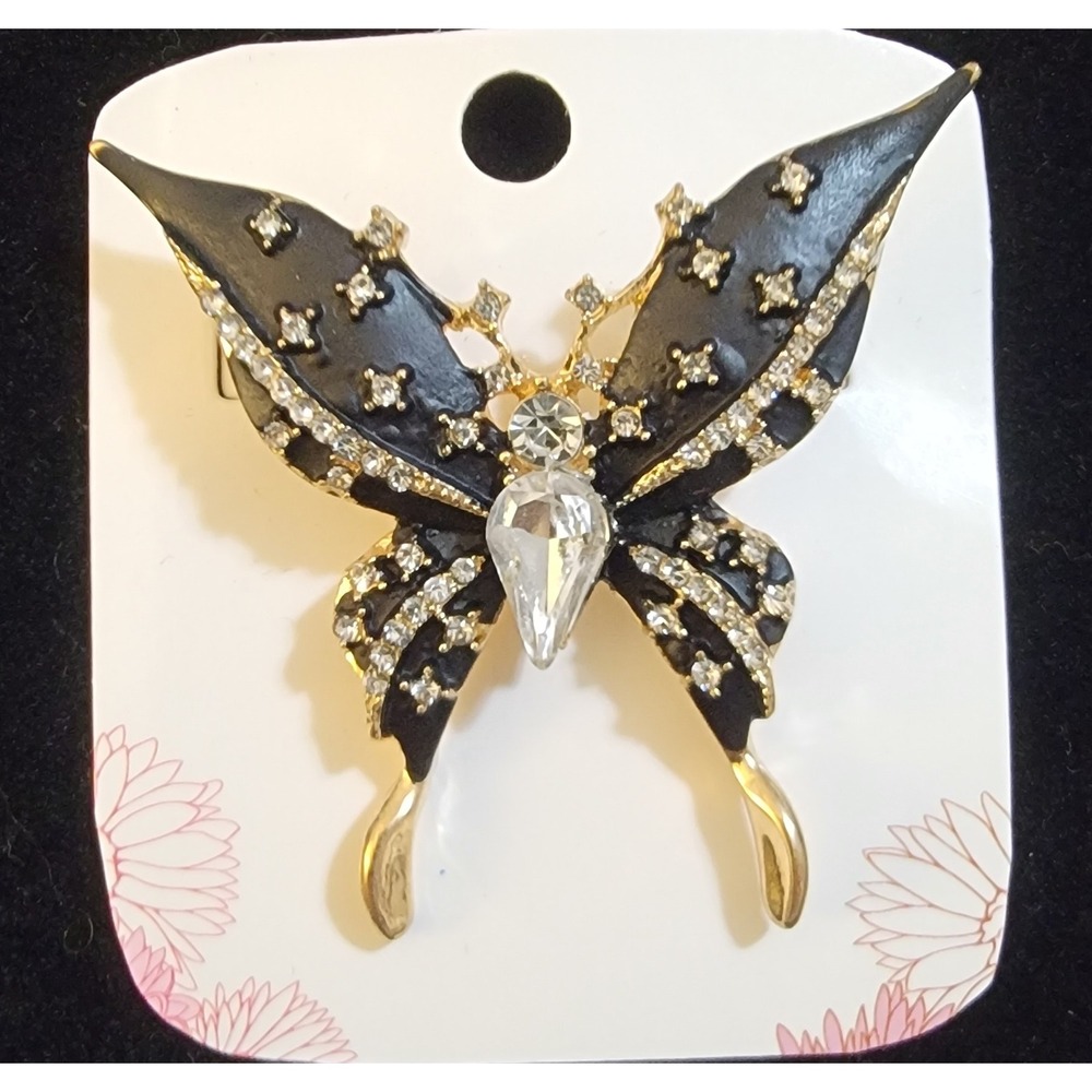 Gold Tone Black Enamel Butterfly Brooch Rhinestone Crystal Pin Gothic Jewelry